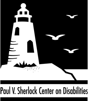 Logo for the Paul V. Sherlock Center on Disabilities. Consists of a white clipart lighthouse and birds on a black background.