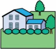 Cartoon of a blue house with bushes and trees.