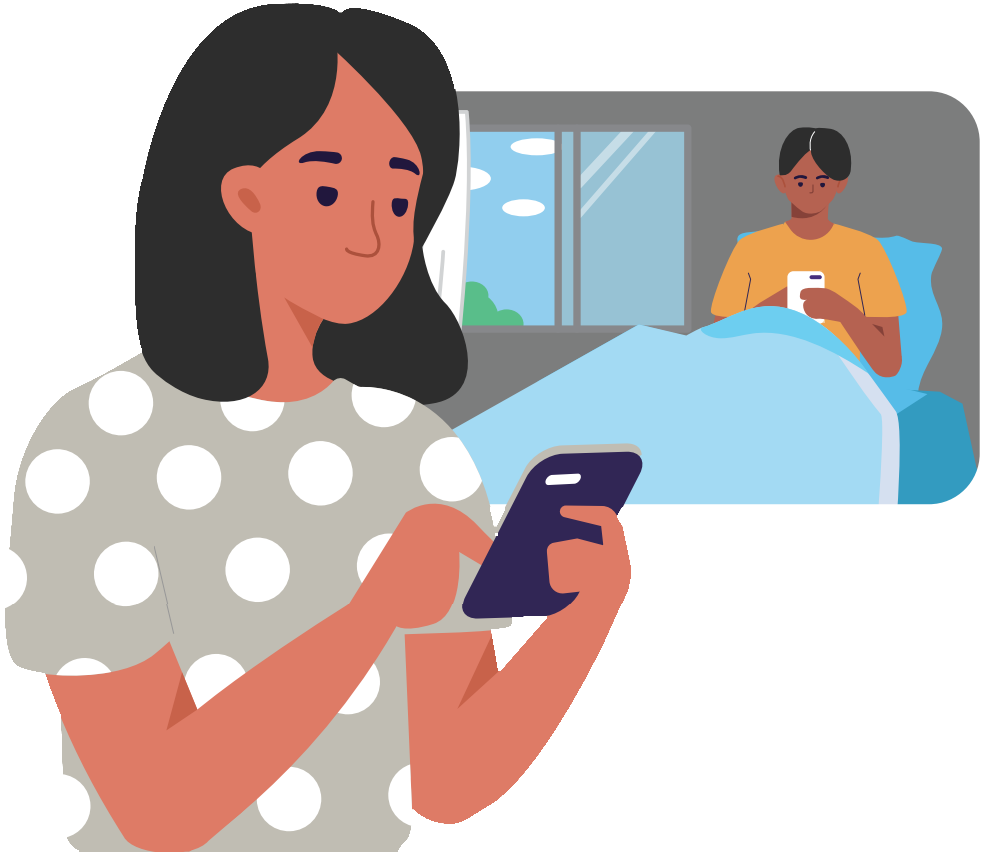 Clipart image of a woman using her cellphone to communicate to a man who appears sick in bed